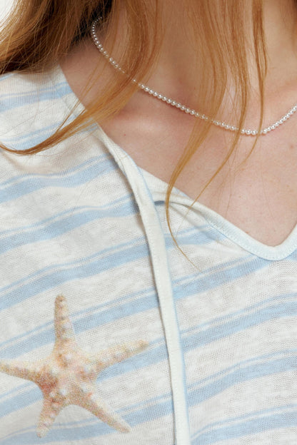 Blue Ocean Shell Starfish Lace-up Smock Shirt