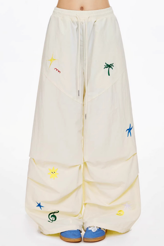 Embroidered Layered Wide-Leg Pants
