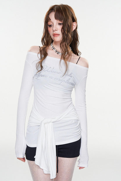 Stylish Letter Print One-Shoulder Top