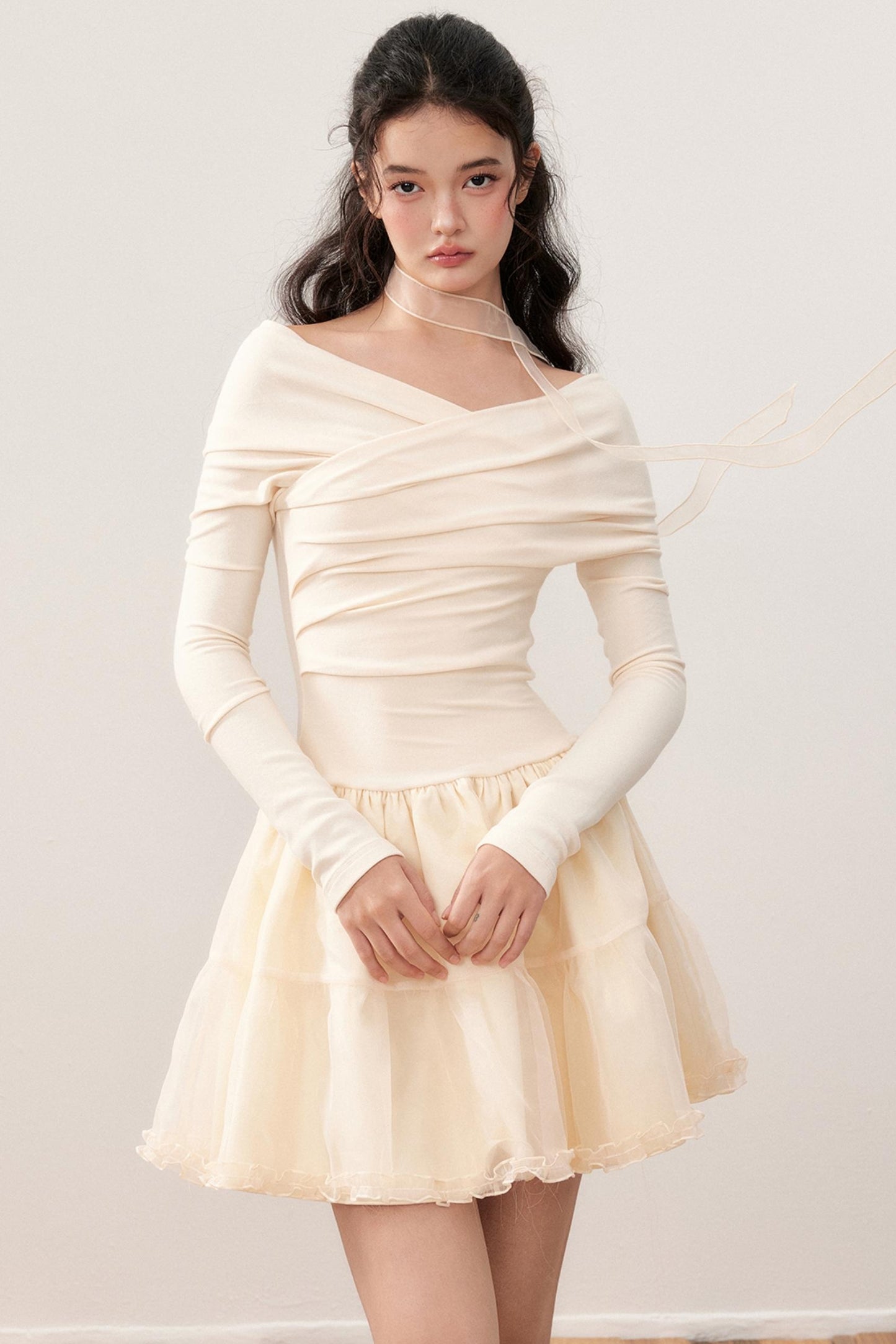 Cross-Line Shoulder Puffy Patchwork Dress