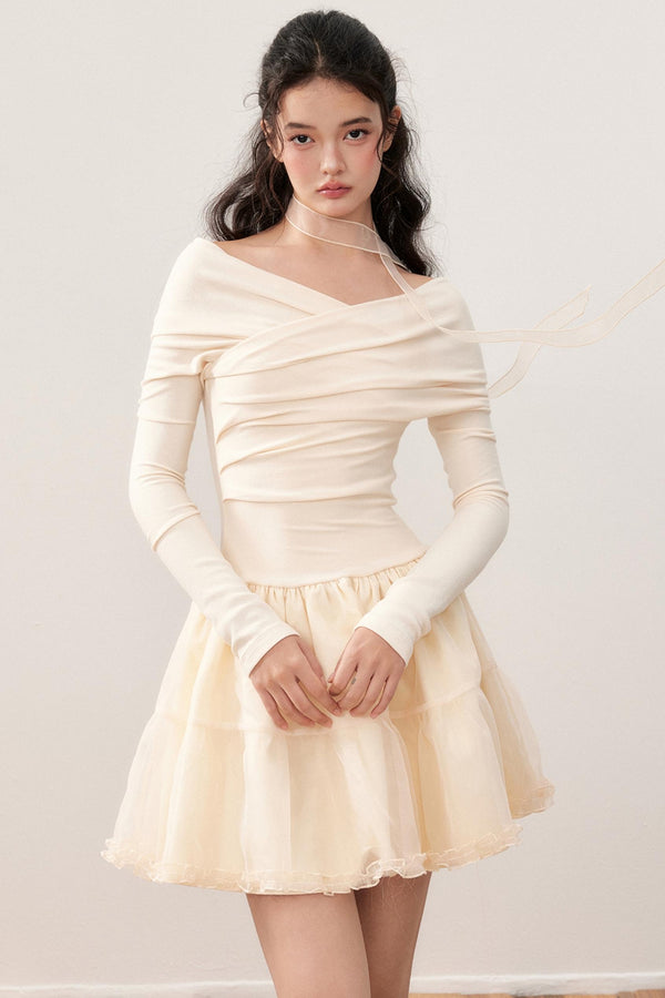 Cross-Line Shoulder Puffy Patchwork Dress