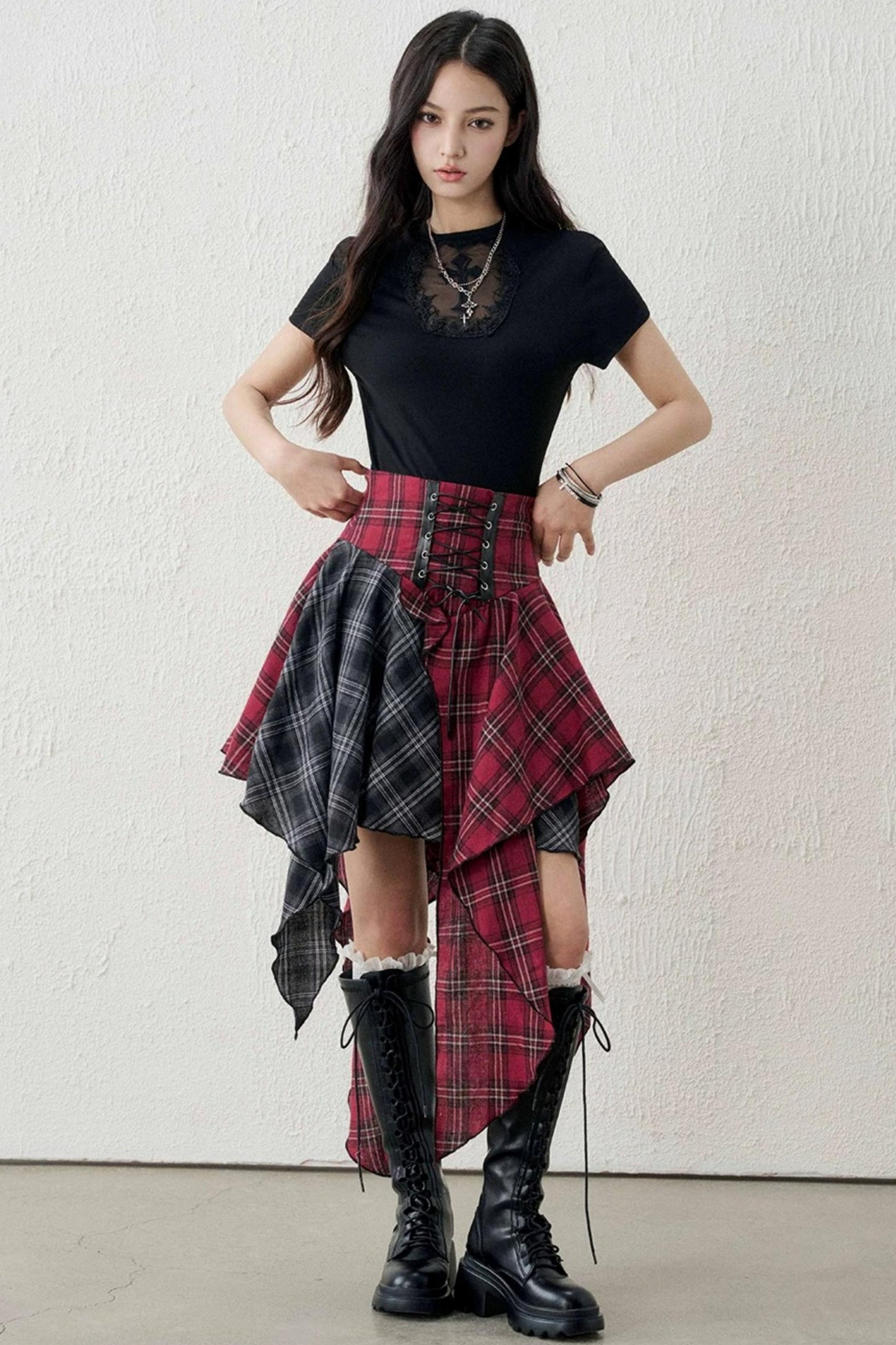 Irregular Plaid Patchwork Skirt