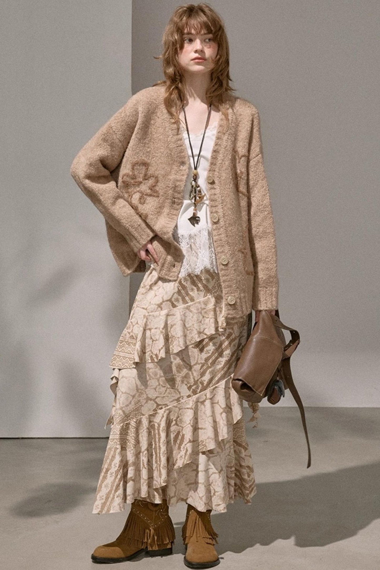 Original Slanted Ruffle Leaf Wave Midi Cake Skirt