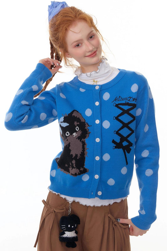 Blue Cat Polka Dot Knitted Cardigan