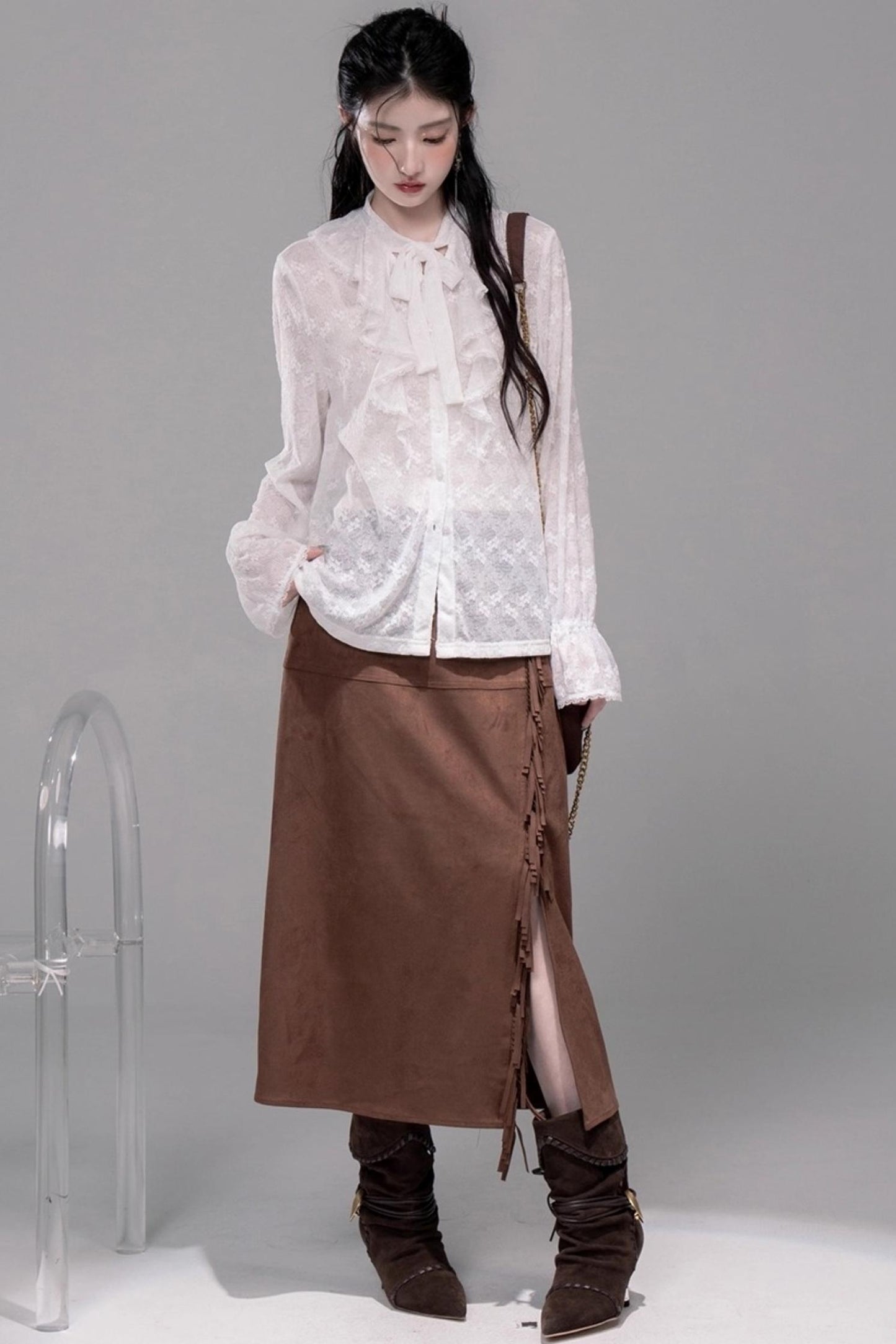 White Cloud Gauze Ruffled Shirt Set