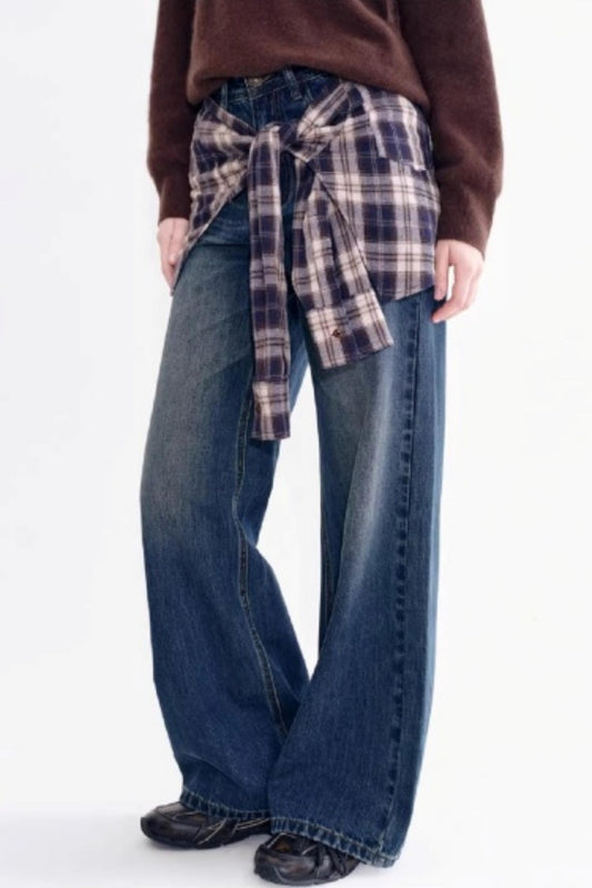 Detachable Plaid Shirt Waist Slimming Jeans