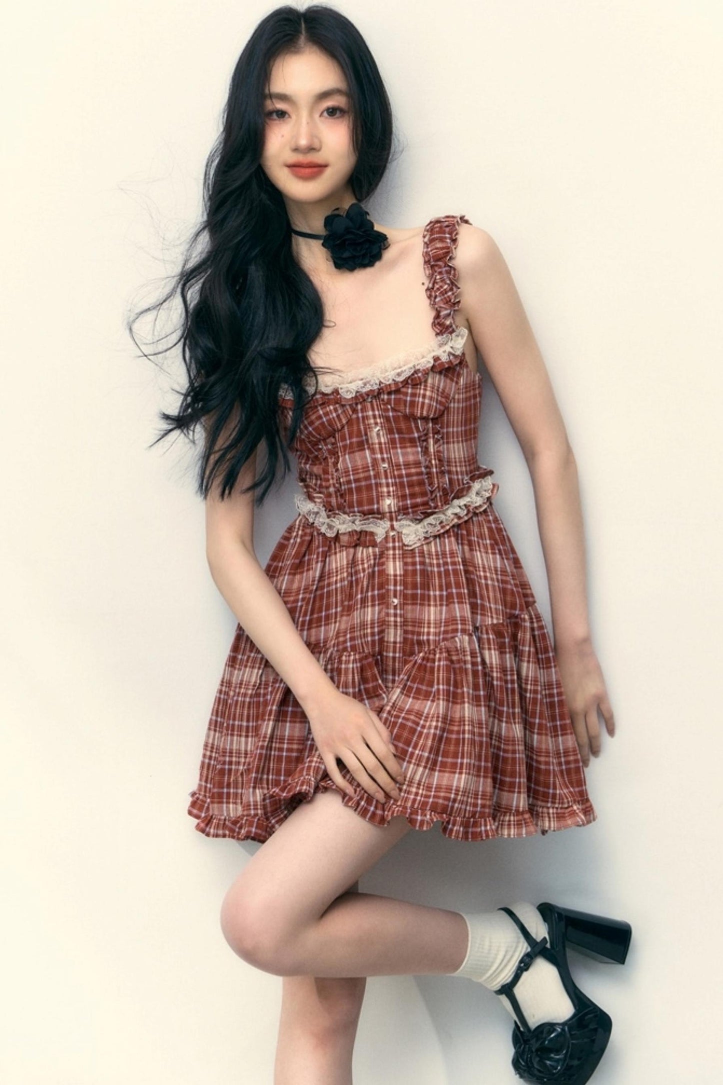 Pink Plaid Ruffle Lace Cami Dress