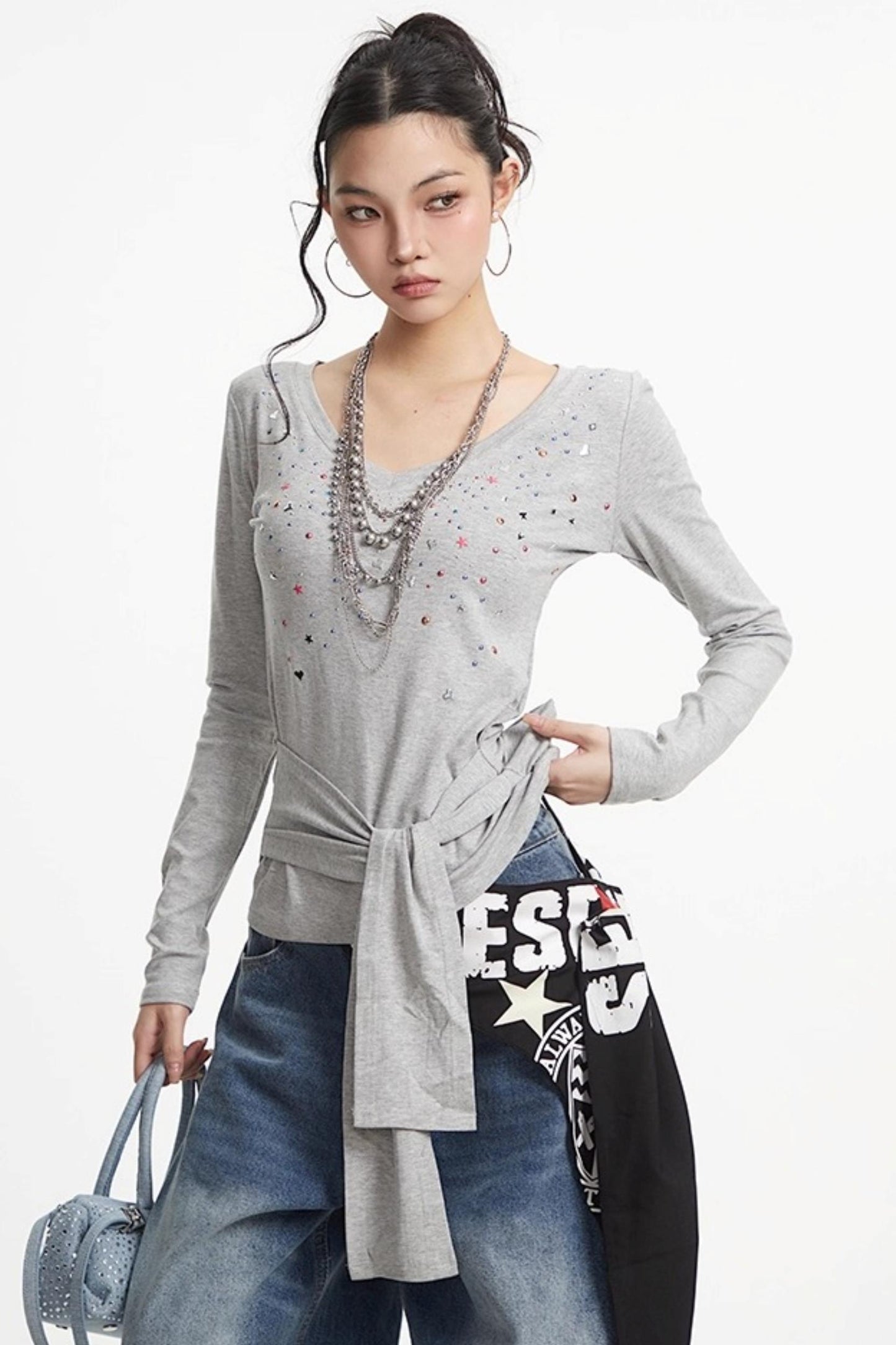 White Hot Girl V-Neck Long Sleeve T-Shirt