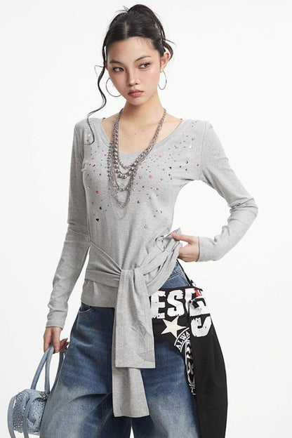 White Hot Girl V-Neck Long Sleeve T-Shirt