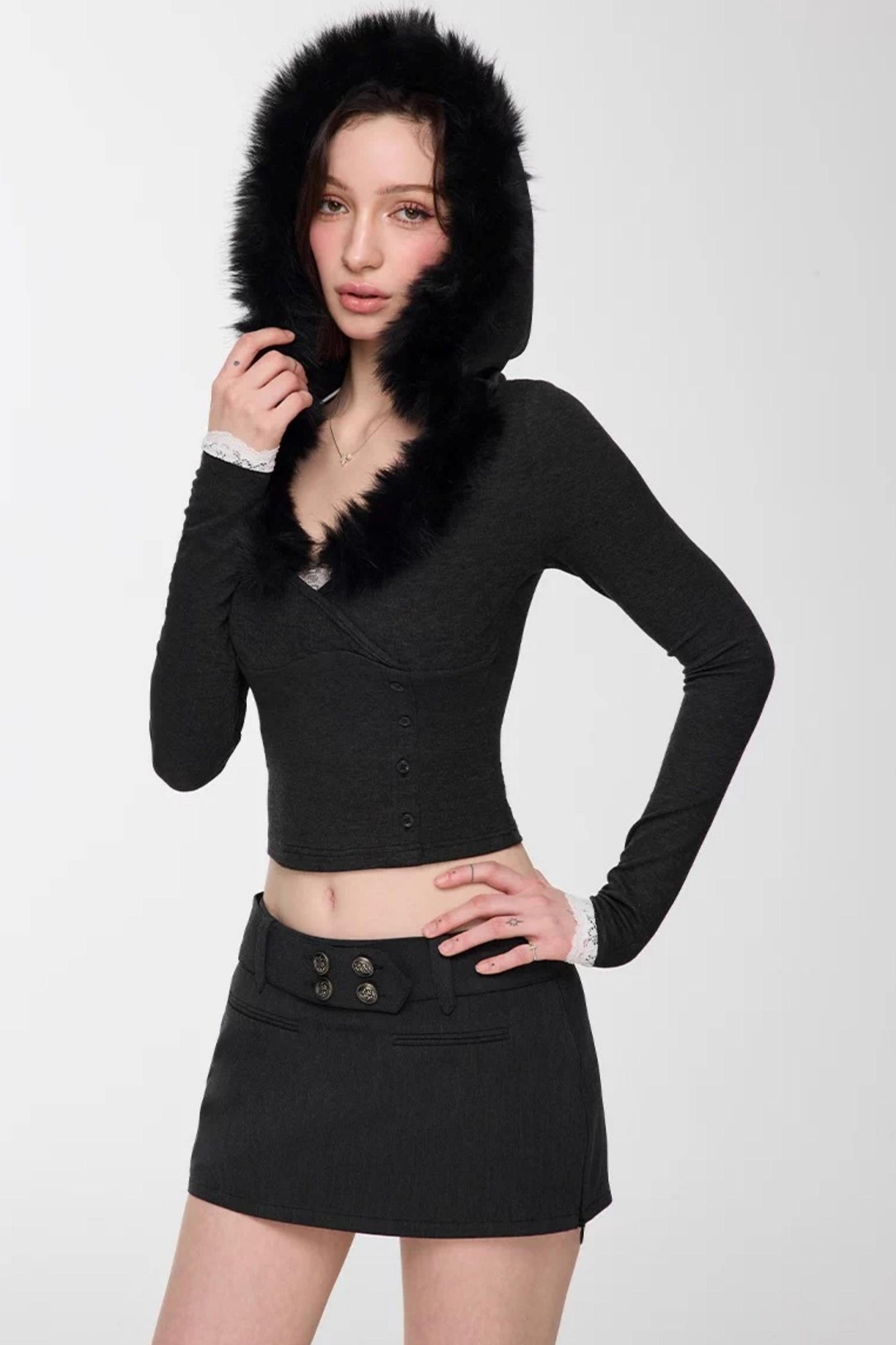 Detachable Fur Collar Hooded Top