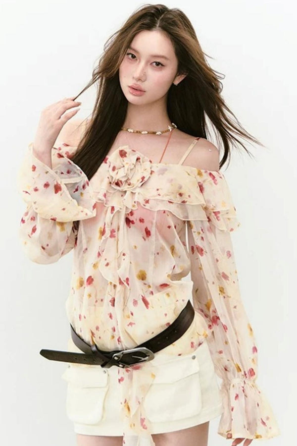 Elegant Floral Off-Shoulder Chiffon Top Set-Up