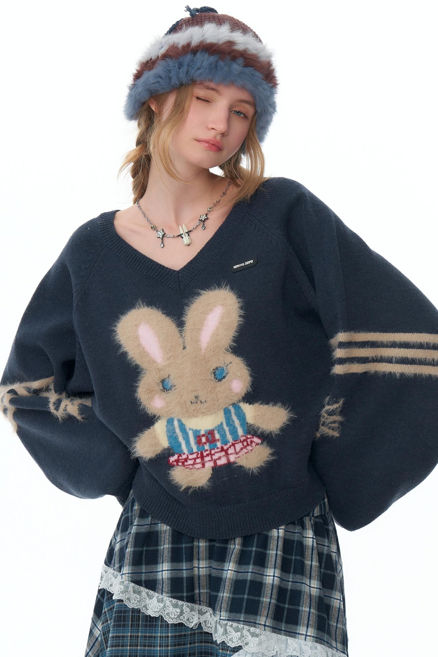 Plush Rabbit V-Neck Christmas Sweater