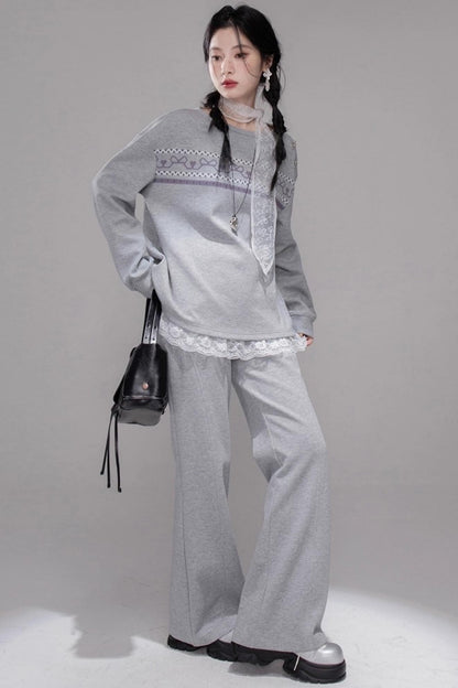 Fair Isle Printed Sweatshirt With Pants Set