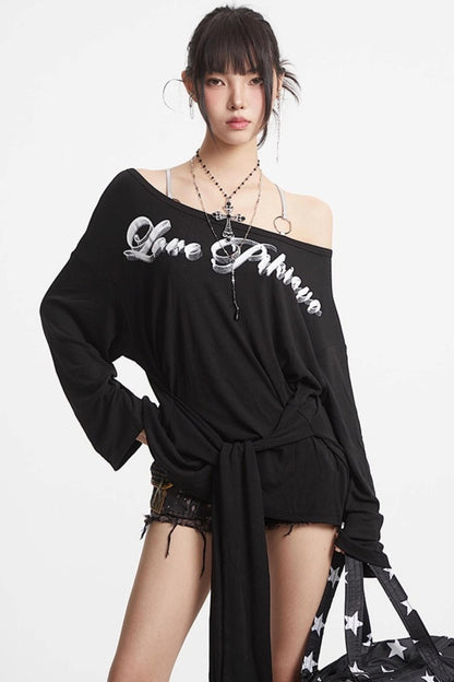 Shoulder Black White Long Sleeve Top