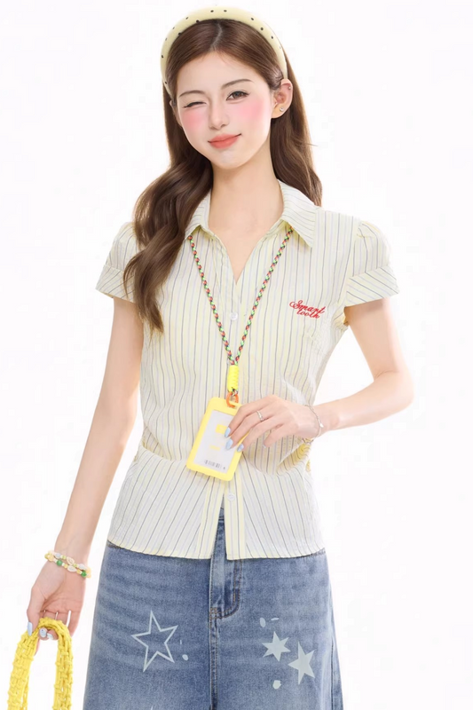 Korean Striped Short-Sleeve Blouse