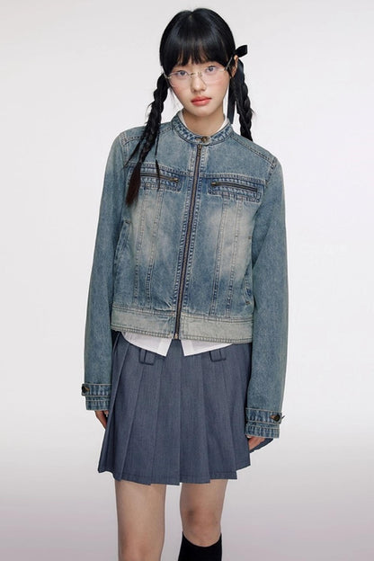 Vintage Distressed Cropped Denim Jacket