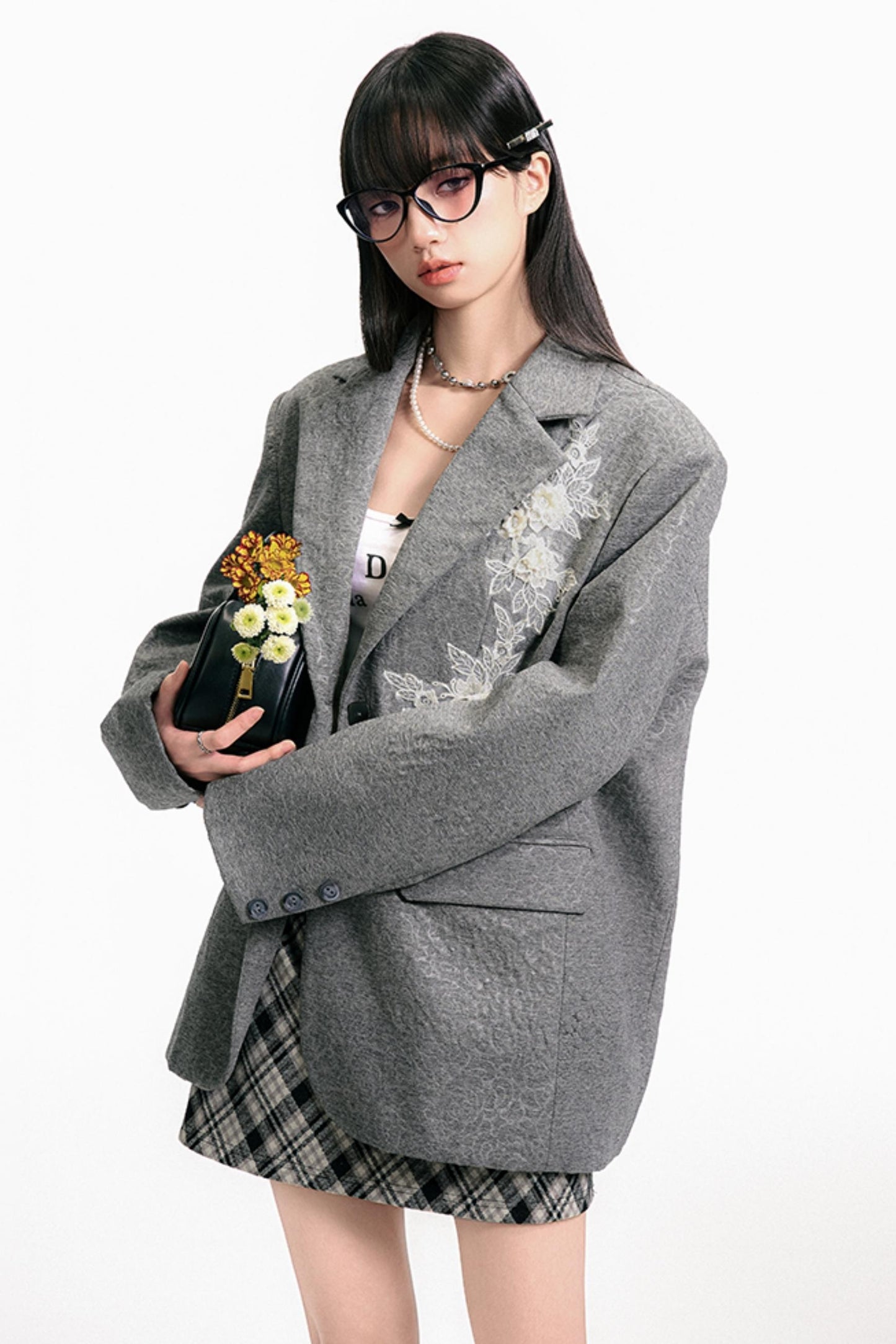 Gray Embossed Rose Blazer