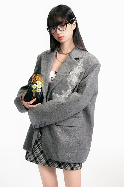 Gray Embossed Rose Blazer