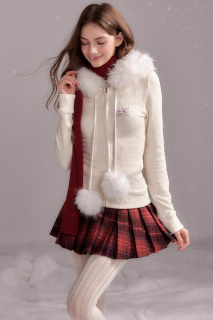 Knit Slim Detachable Fur Hooded Jacket