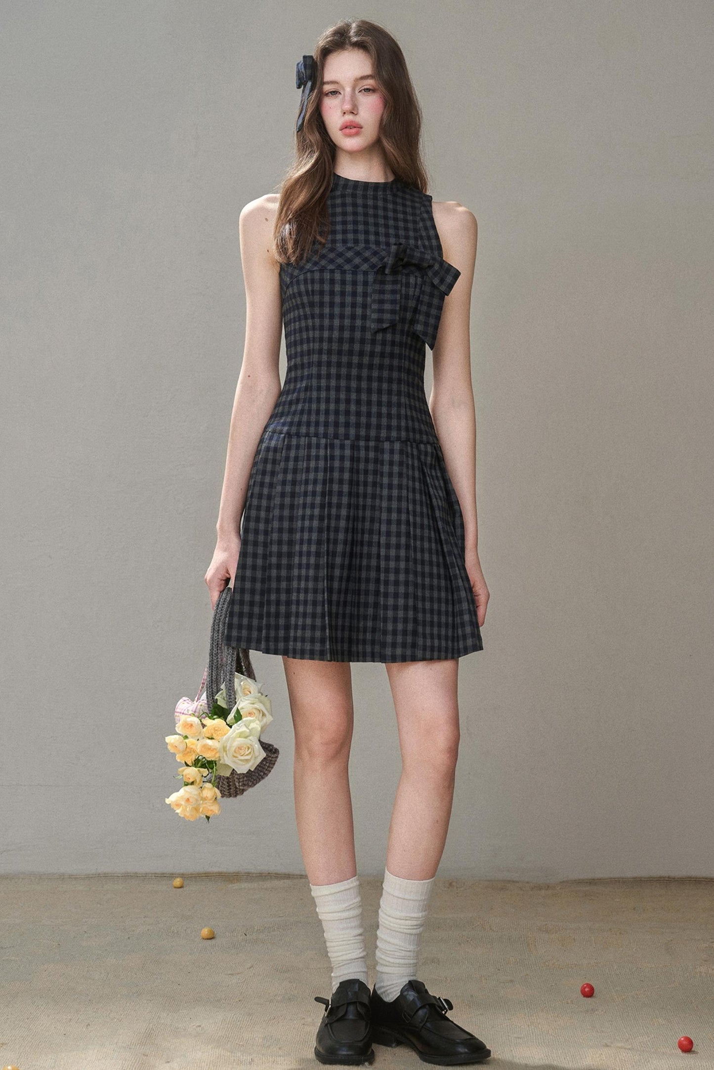 Elegant Bow Halterneck Check Pleated Dress