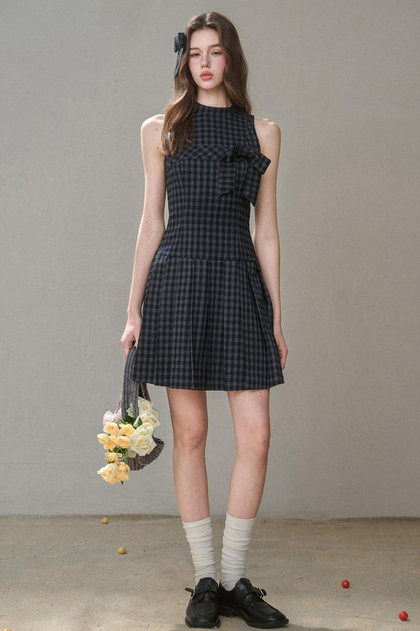 Elegant Bow Halterneck Check Pleated Dress