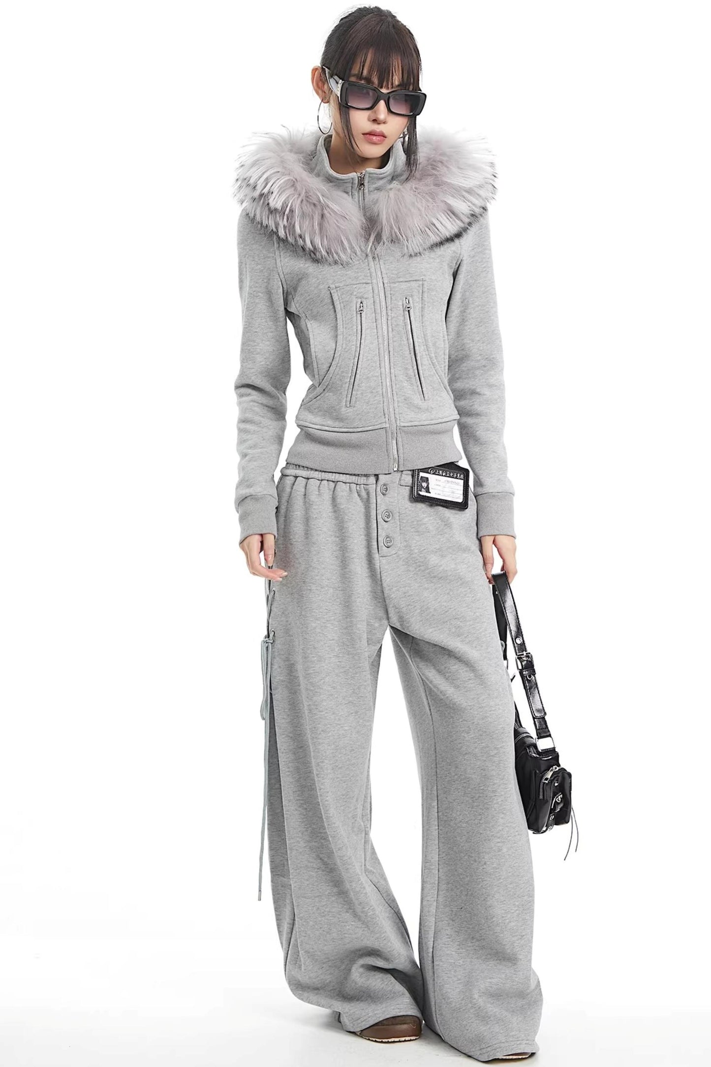 Korean Fur Collar Hooded Jacket Set-Up