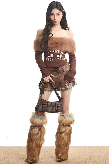 Retro Fur Collar Off-Shoulder Top