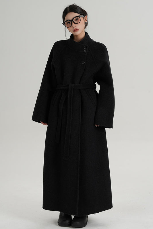 Diagonal Collar Woolen Long Coat