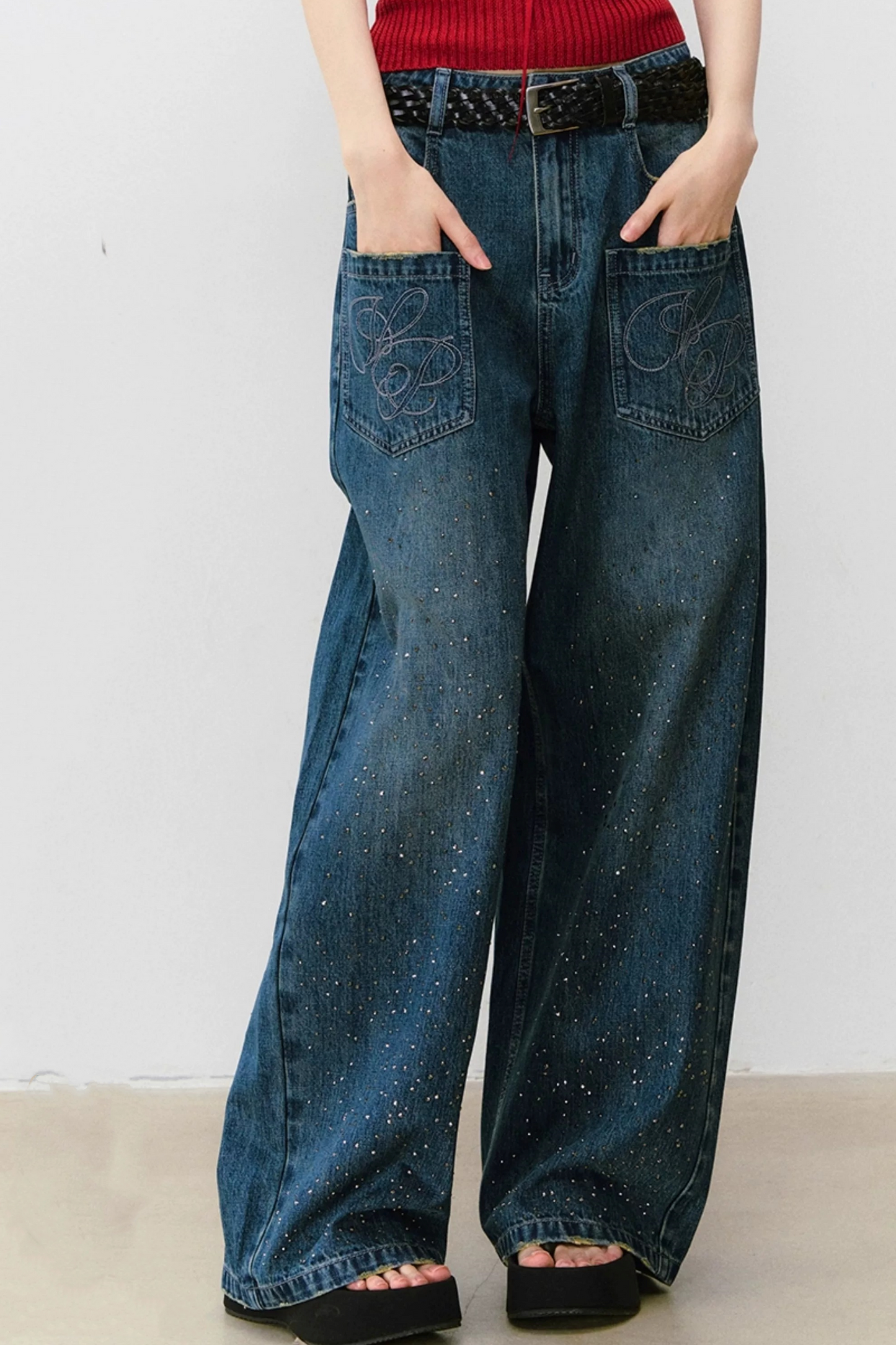 Vintage Rhinestone Wide-Leg Jeans