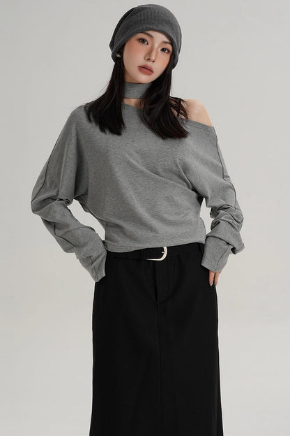 Halterneck Slanted Shoulder Long Sleeve Top