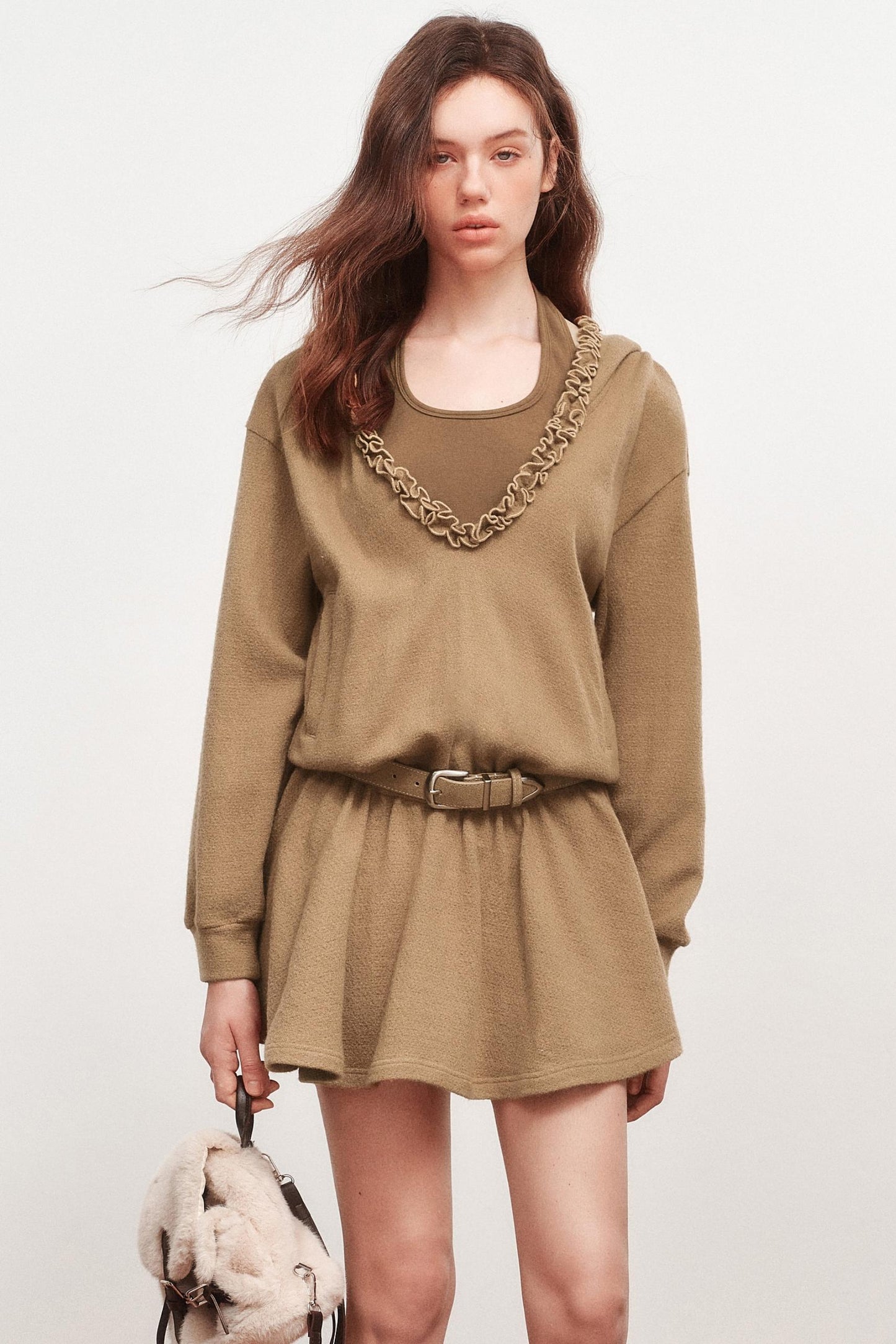 V-Neck Long Sleeve Ruffled Dress