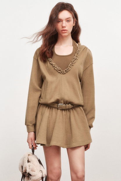 V-Neck Long Sleeve Ruffled Dress