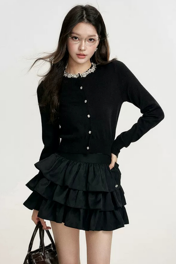 Diamond Knit Cardigan Suede Skirt Set-Up