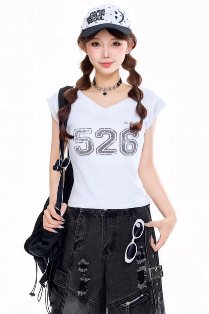 Retro Digital Print V-Neck Top