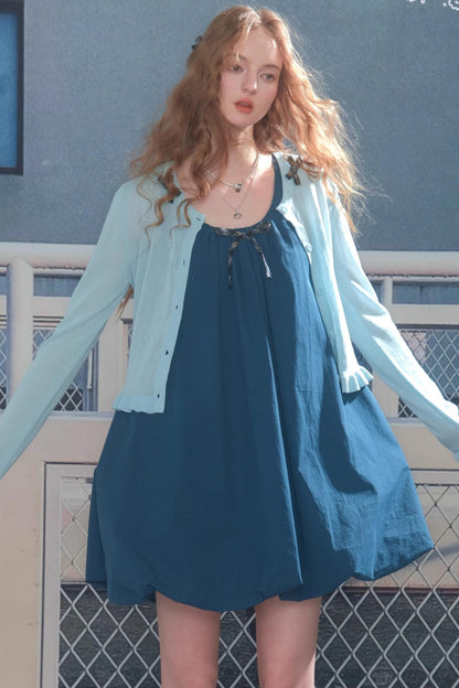 Summer Bow Dark Blue Sleeveless Dress