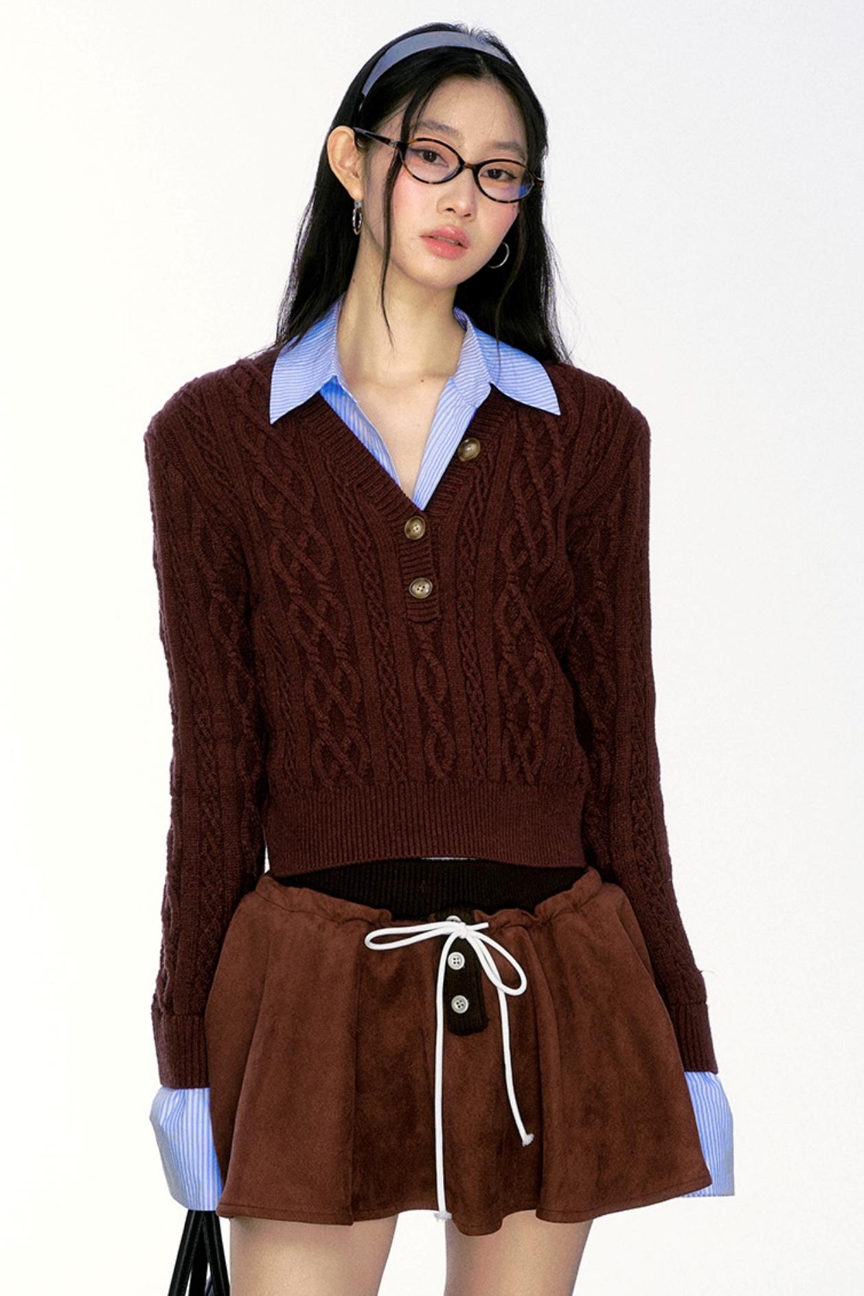 [Curriges 31 Oktober New Arrival] Winter New Spice Girl Retro V-Neck Shirt Spliced Twist Sweater