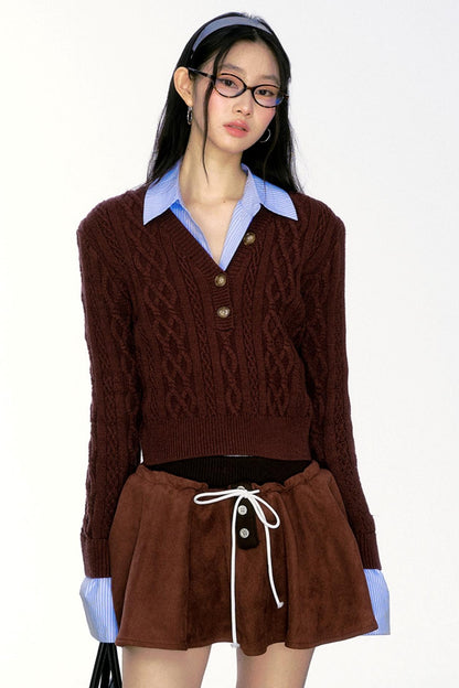 Retro V-Neck SpliceD Twist Sweater