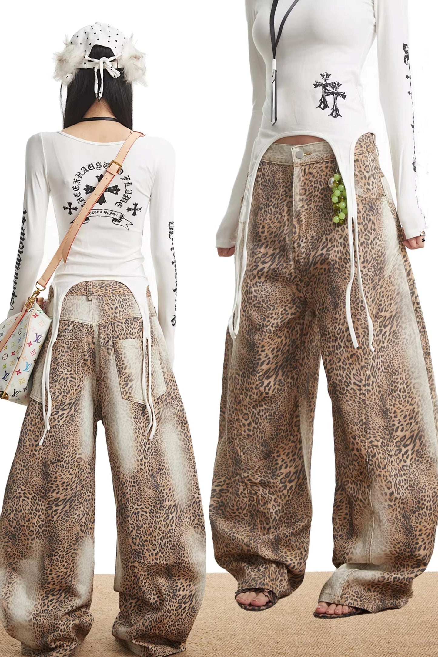 Retro Leopard Print Denim Pants