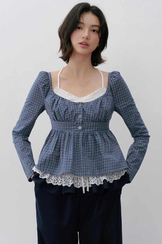 Vintage Check Square Neck Cinched Shirt