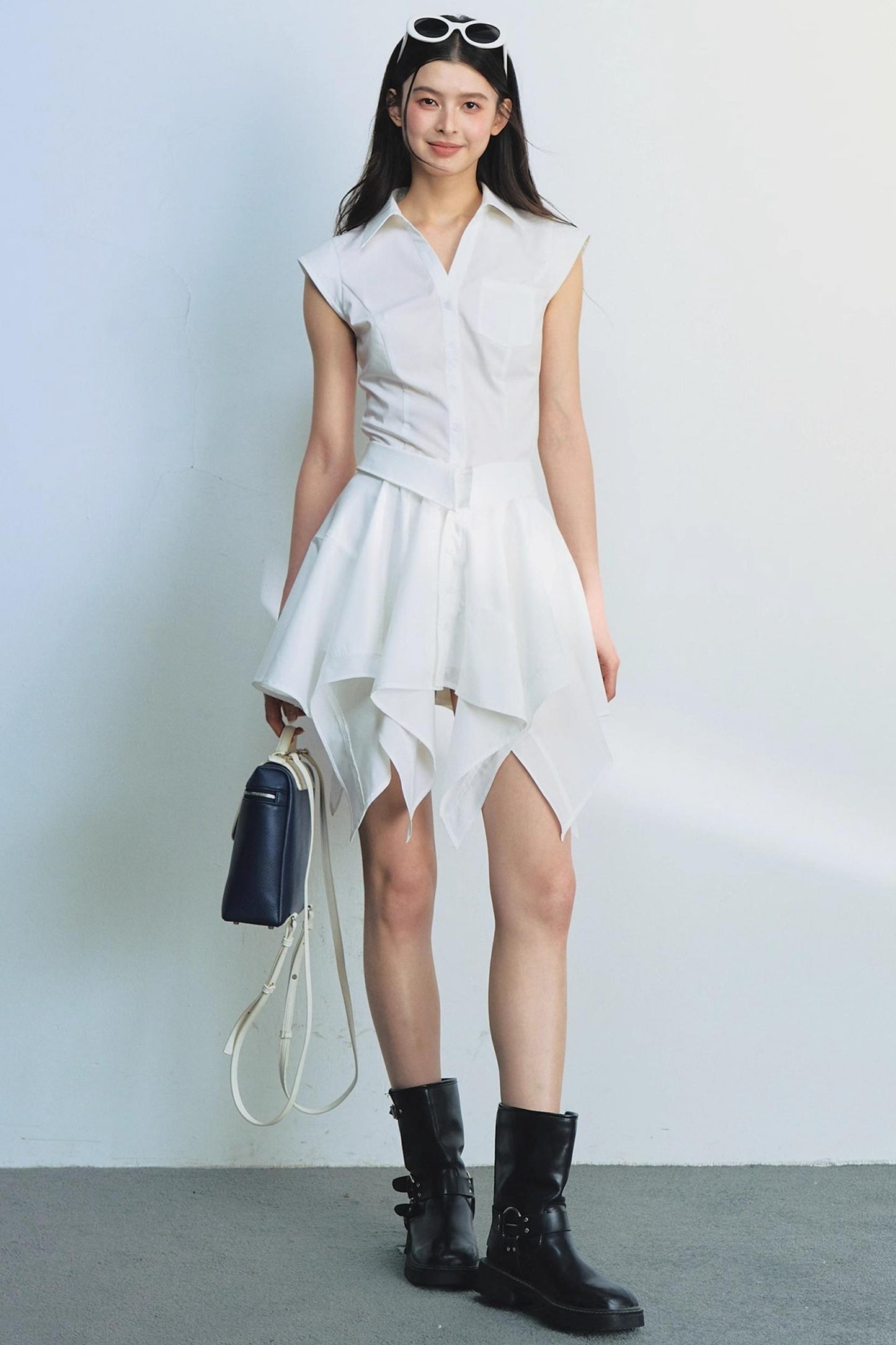 White Dash Sleeve Waist-Trim Shirt Set-Up