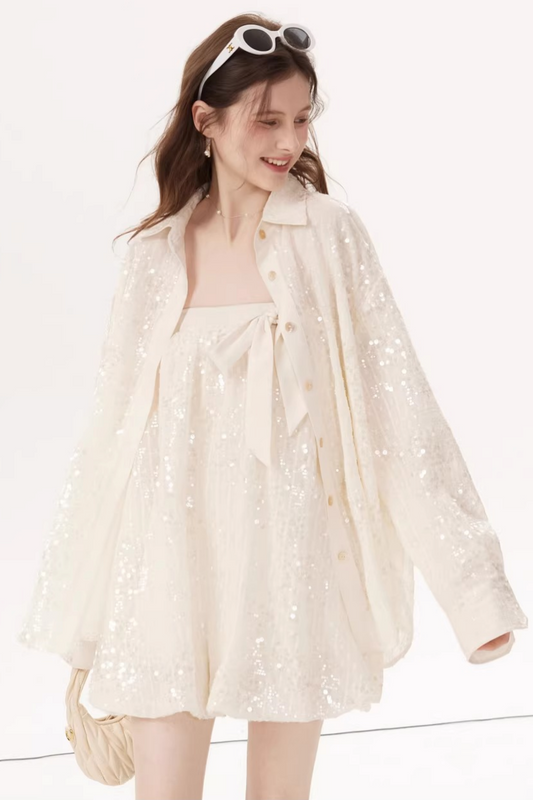 Sequined Bow Skirt Suit Set