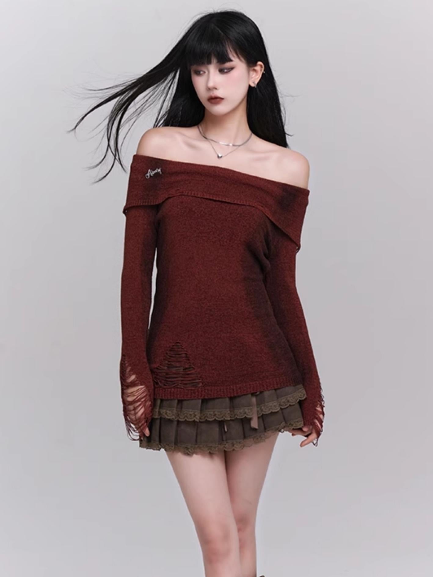 Geistermädchen, Frühherbst, koreanische Atmosphäre, süße und würzige Kleidung, rotes One-Shoulder-Top, High-End-Strickwaren