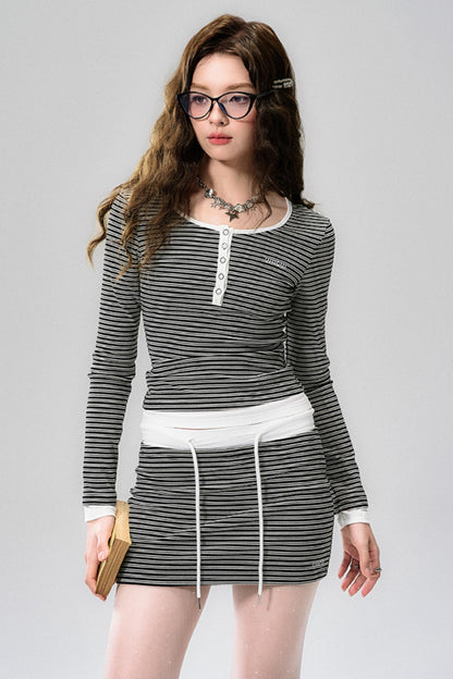 Striped Elegance Black & White Long Sleeve Dress Set-Up
