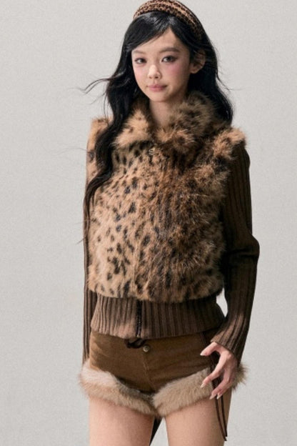 Faux Fur Leopard Knit Jacket