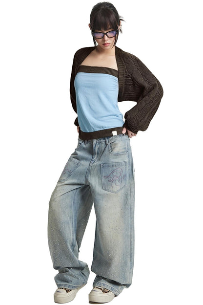 Blue Knit One Shoulder Top Set-Up