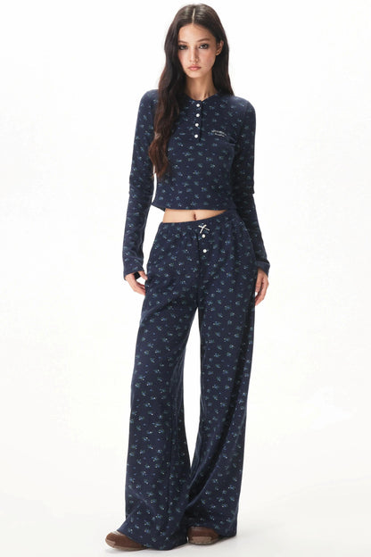 Floral Placket Blouse and Pants Set-Up