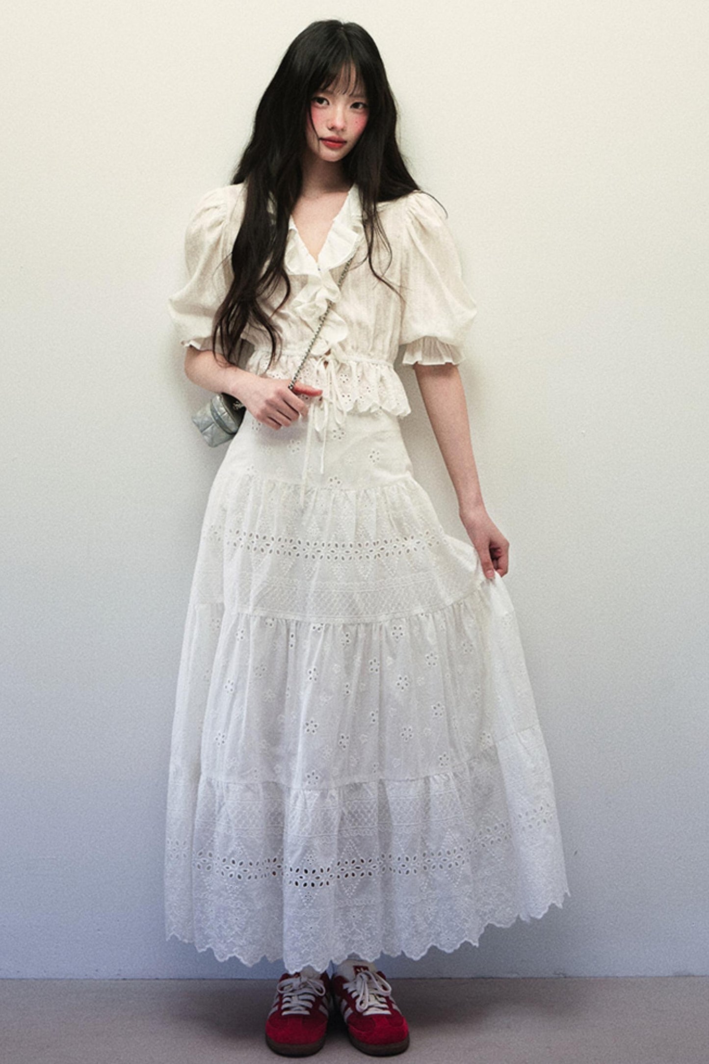 Embroidered Bubble Sleeve Skirt Set-Up