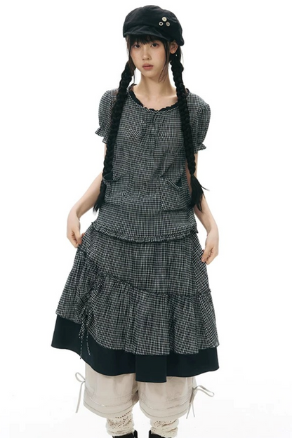 Conjunto de camisa y falda de cuadros con tapeta con volantes