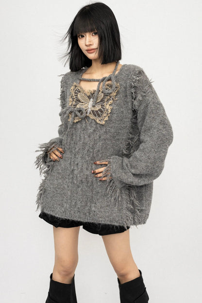 Fringe Lace-Up Butterfly Sweater