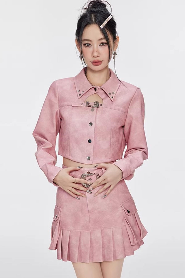 Dopamine Pink Pleated Skirt Set